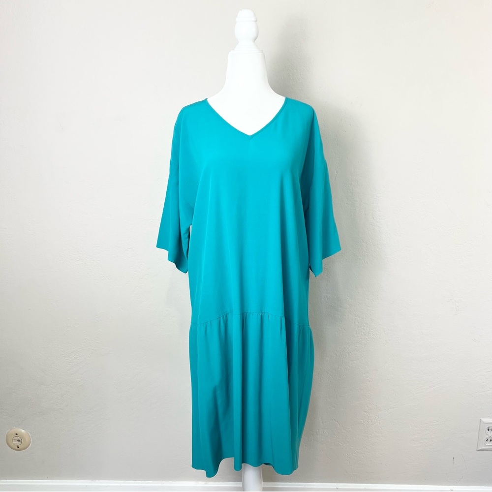 Eileen Fisher Aqua Drop Waist V-Neck Dress Medium